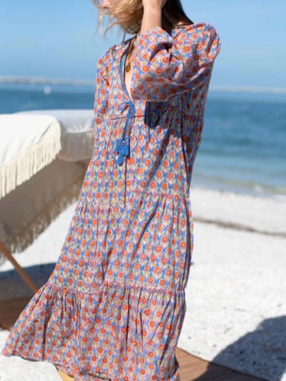 Emerson Fry Blue Floral Midi Dress with Orange Accents - Picture 2 of 11